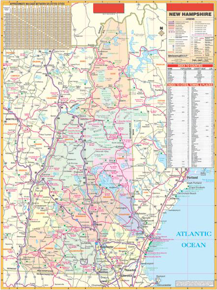 Deluxe Laminated Wall Map of New Hampshire State 40