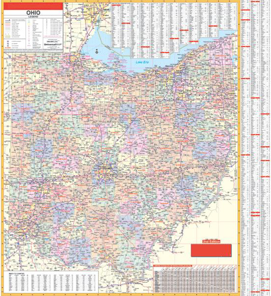 Deluxe Laminated Wall Map of Ohio State 54