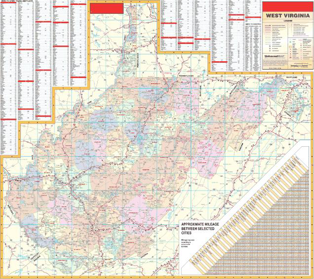 Deluxe Laminated Wall Map of West Virginia State 54