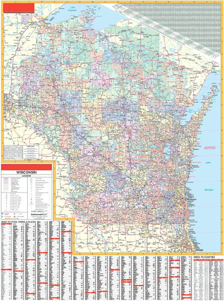 Deluxe Laminated Wall Map of Wisconsin State 50