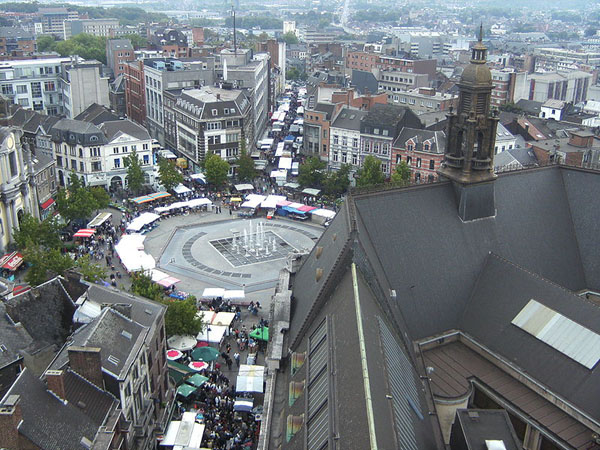 View of the Charles II Square from the belfry on market day Charleroi, Belgium photo