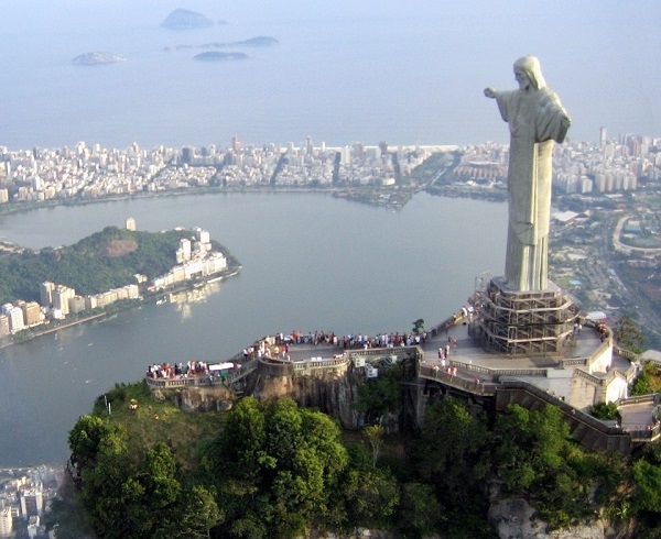 Aerial view of the Christ the Redeamer statue, on Corcovado Mountain, Tijuca Forest National Park, Rio de Janeiro, Brazil photo