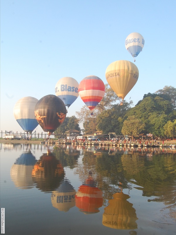 Baloons at U Bein bridge, Mandalay region, Myanmar photo