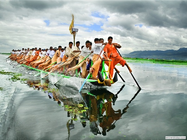 Leg rowing boat race, Inlay lake, Myanmar photo