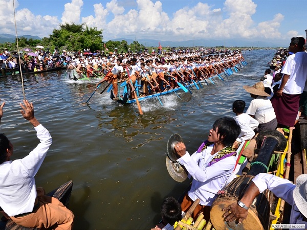 Leg rowing boat race, Inlay lake, Myanmar photo