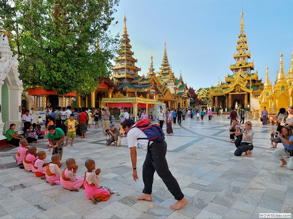 Novice Buddhist nuns at Shwedagon pagoda, Yangon, Myanmar photo