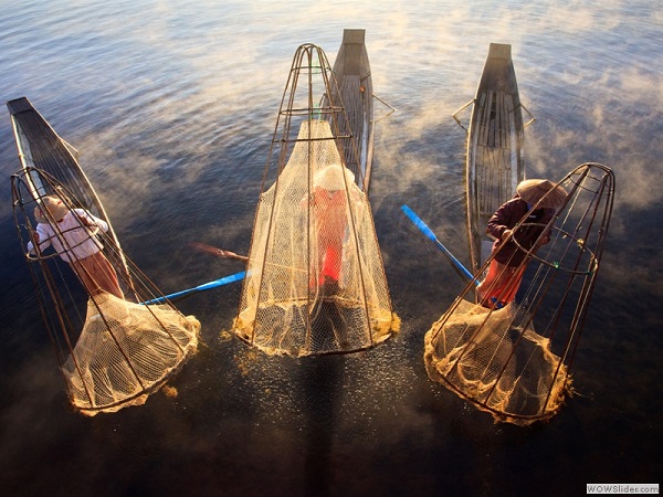 Traditional fishing, Inle lake, Myanmar photo