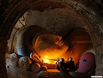 Two novices pay homage to Buddha image, Myanmar (Burma) Photo